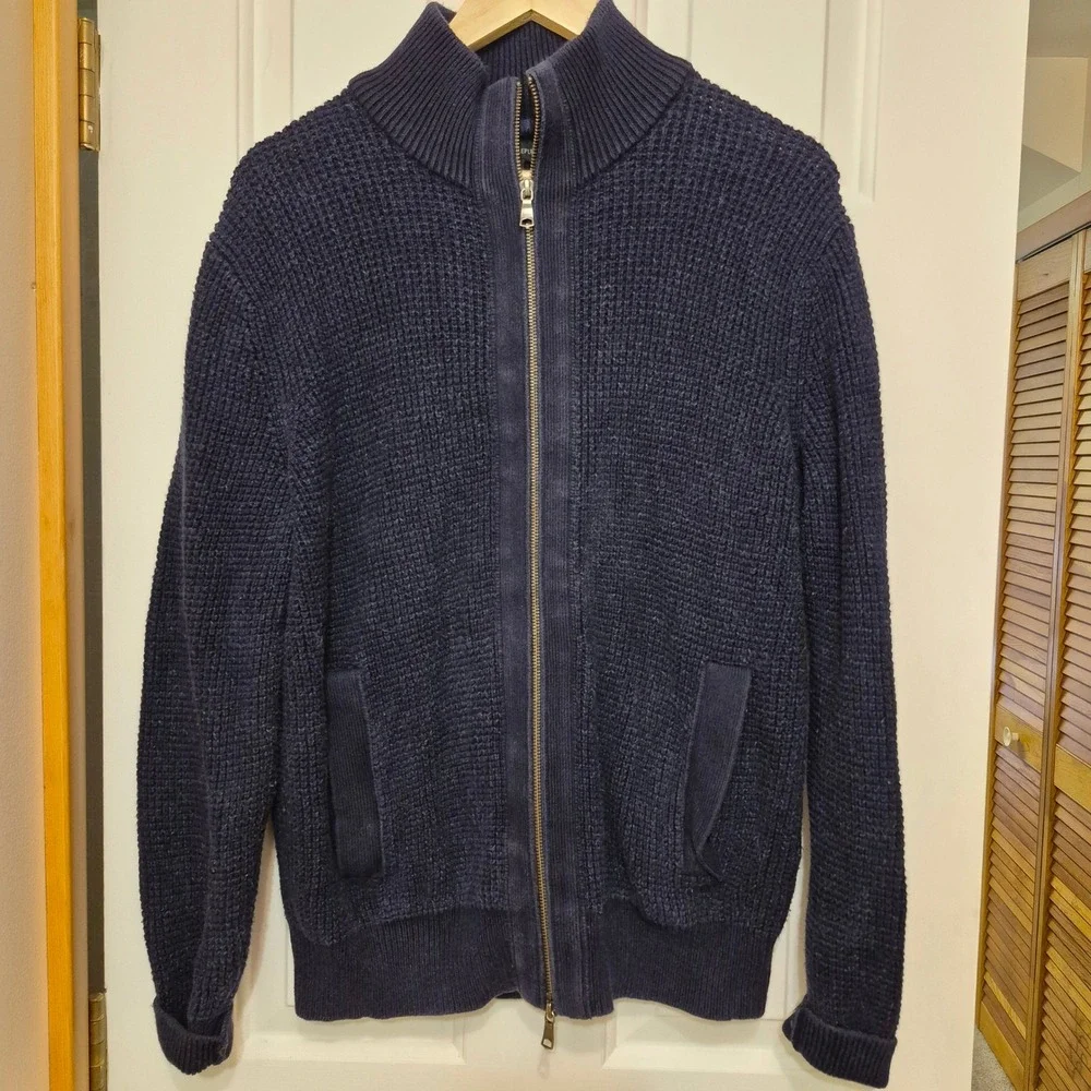 Banana Republic Mens Navy Blue Waffle Knit Full Zip Cardigan Sweater Large L